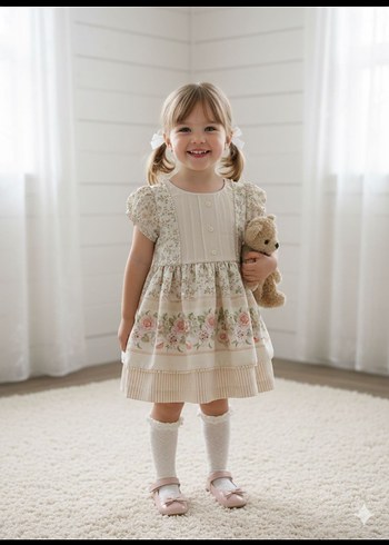Kız Çocuk Bej Nakışlı Pamuklu Elbise - Görsel 3