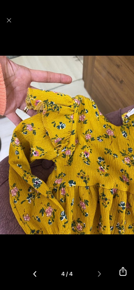 Sarı Çiçekli Uzun Kollu Fırfırlı Kız Elbisesi - Görsel 4