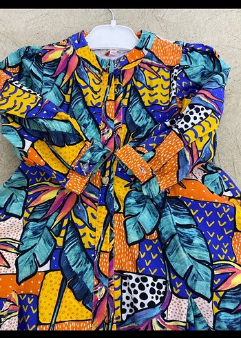 Uzun Kollu, Düğmeli Renkli Kız Elbisesi - Görsel 3