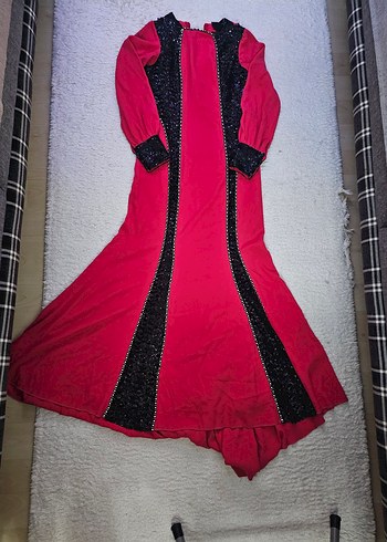 Uzun Kollu Kırmızı Drapeli Gotik Kadın Elbise - Görsel 2