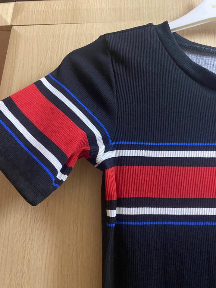 Lacivert Çizgili Kısa Kollu Mini Elbise - Görsel 3