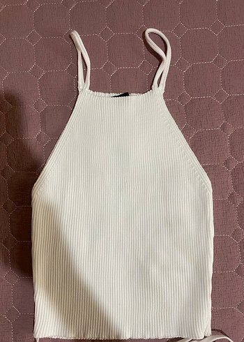 Beyaz Örgü Halter Yaka Crop Top - Görsel 2