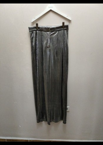 Gri Metalik Pliseli Uzun Kadın pantolon