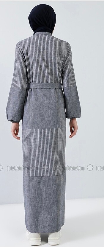 40 Beden gri Renk Kuşaklı Uzun Çizgi Detaylı Elbise