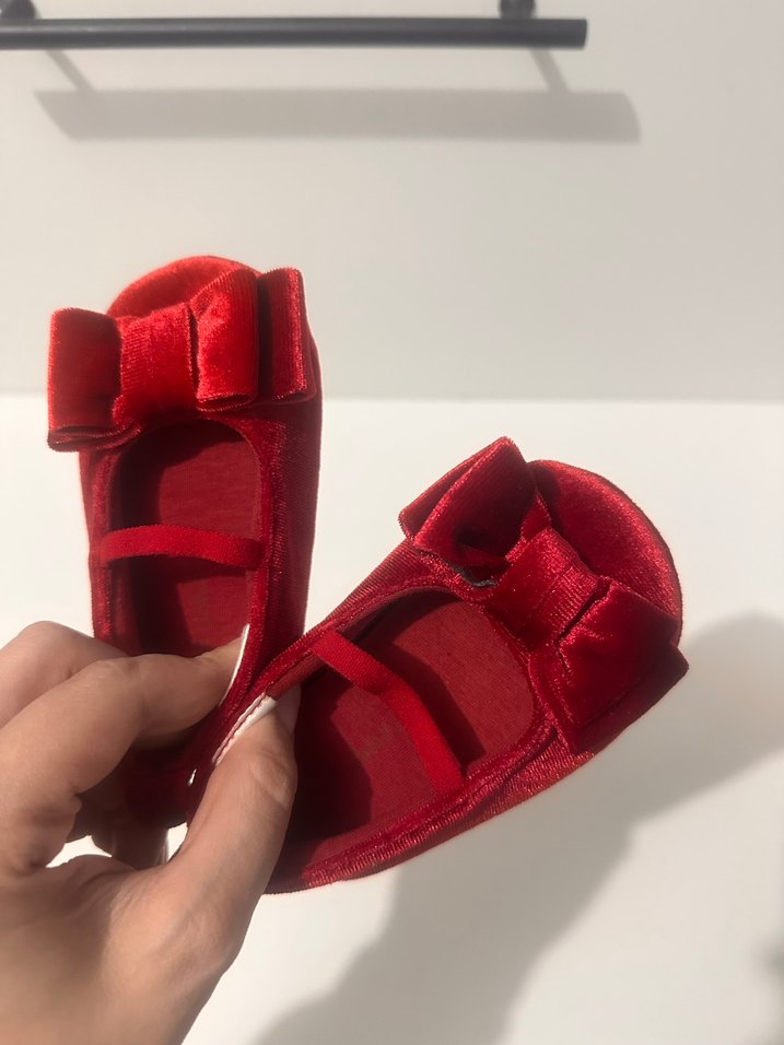 Kız Çocuk Kırmızı Fiyonklu kadife Babet - Görsel 2