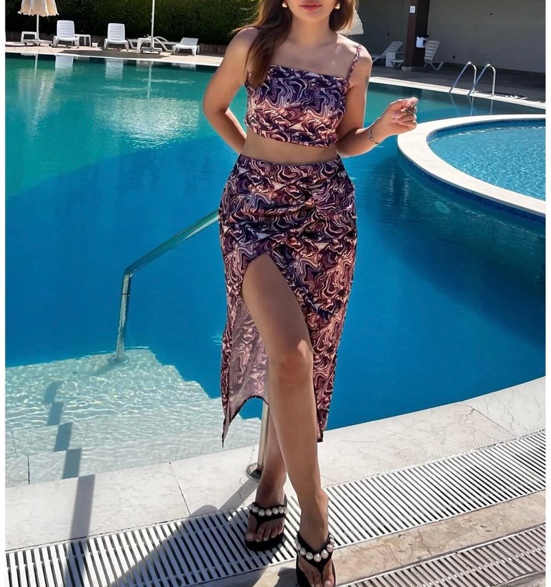 Desenli saten mor alt üst takım - Görsel 2