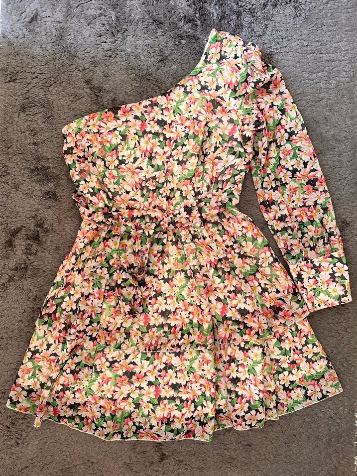 Çiçek Desenli Tek Kollu Mini Elbise - Görsel 2