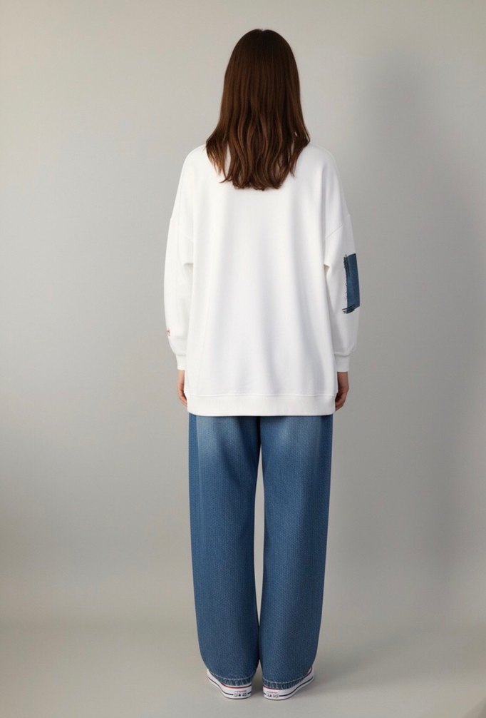 Denim kot detaylı oversize Sweatshirt - Görsel 4