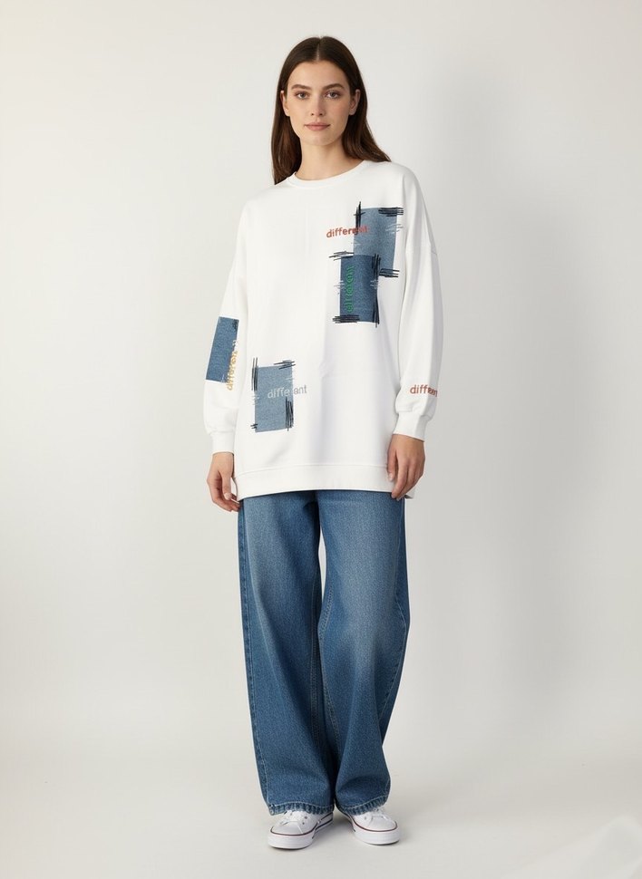 Denim kot detaylı oversize Sweatshirt - Görsel 2
