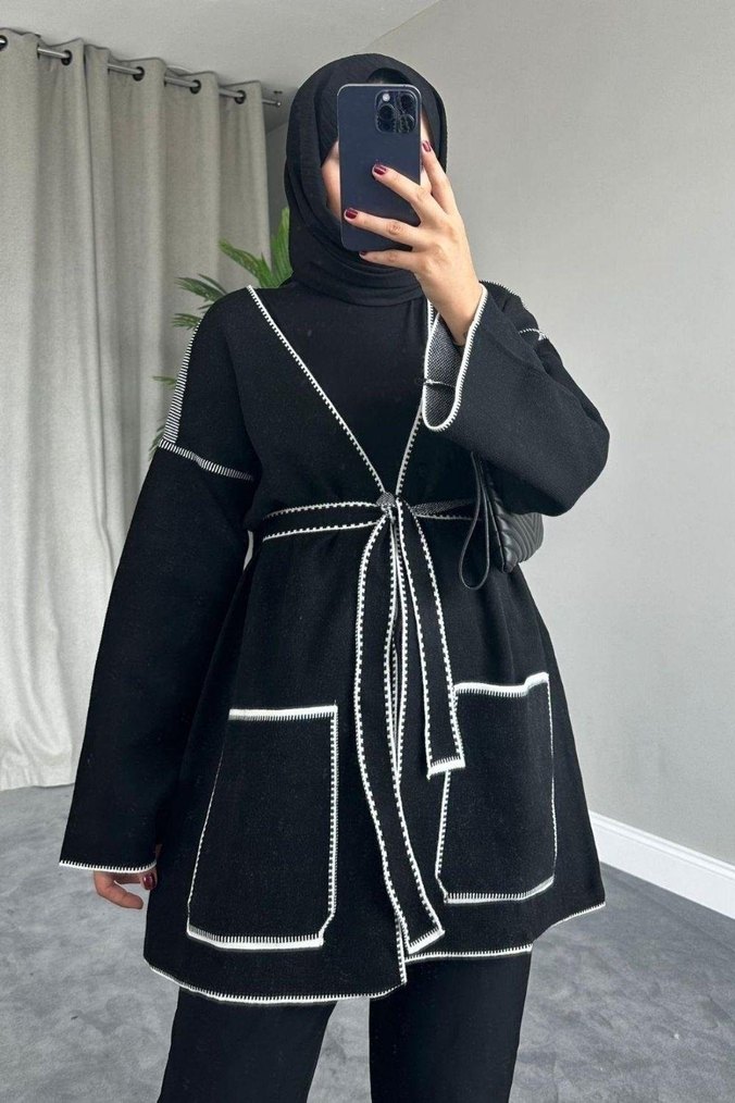 Kemerli Dikiş detaylı triko hırka - Görsel 2