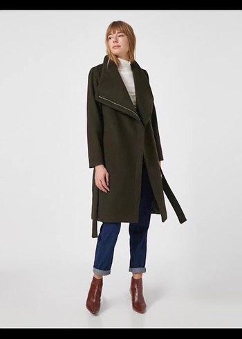Kemerli fermuarlı Haki Kadın Kaban - Görsel 3