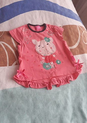 9-12 Ay Beden pembe Renk Pembe Kız Çocuk Kısa Kollu Fırfırlı Tişört