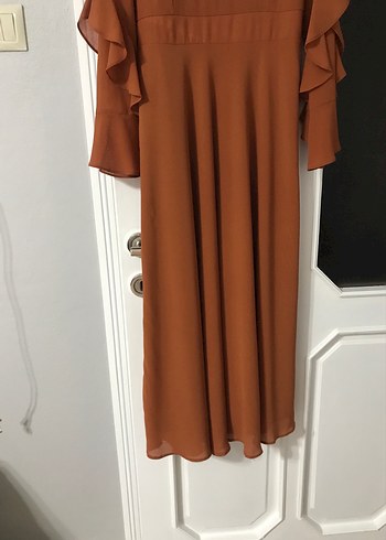 Kahverengi Uzun Kollu Salaş Kadın Elbise - Görsel 4