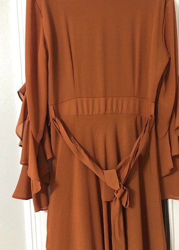 Kahverengi Uzun Kollu Salaş Kadın Elbise - Görsel 8