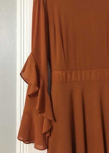Kahverengi Uzun Kollu Salaş Kadın Elbise - Görsel 2