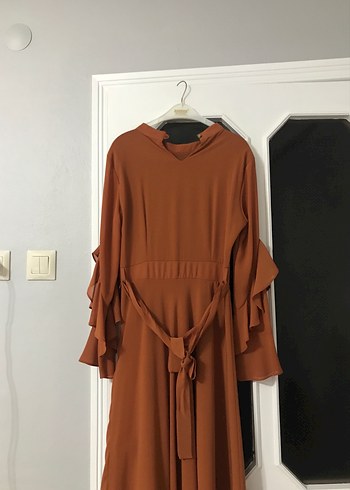 Kahverengi Uzun Kollu Salaş Kadın Elbise - Görsel 7