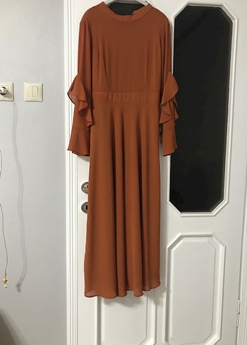 Kahverengi Uzun Kollu Salaş Kadın Elbise - Görsel 3