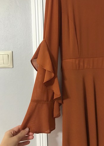 Kahverengi Uzun Kollu Salaş Kadın Elbise - Görsel 6