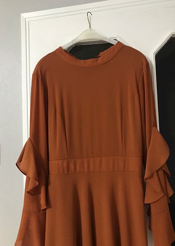 Kahverengi Uzun Kollu Salaş Kadın Elbise - Görsel 5