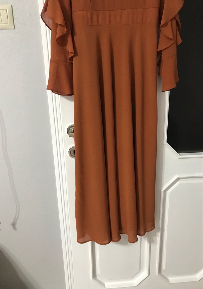 Kahverengi Uzun Kollu Salaş Kadın Elbise - Görsel 4