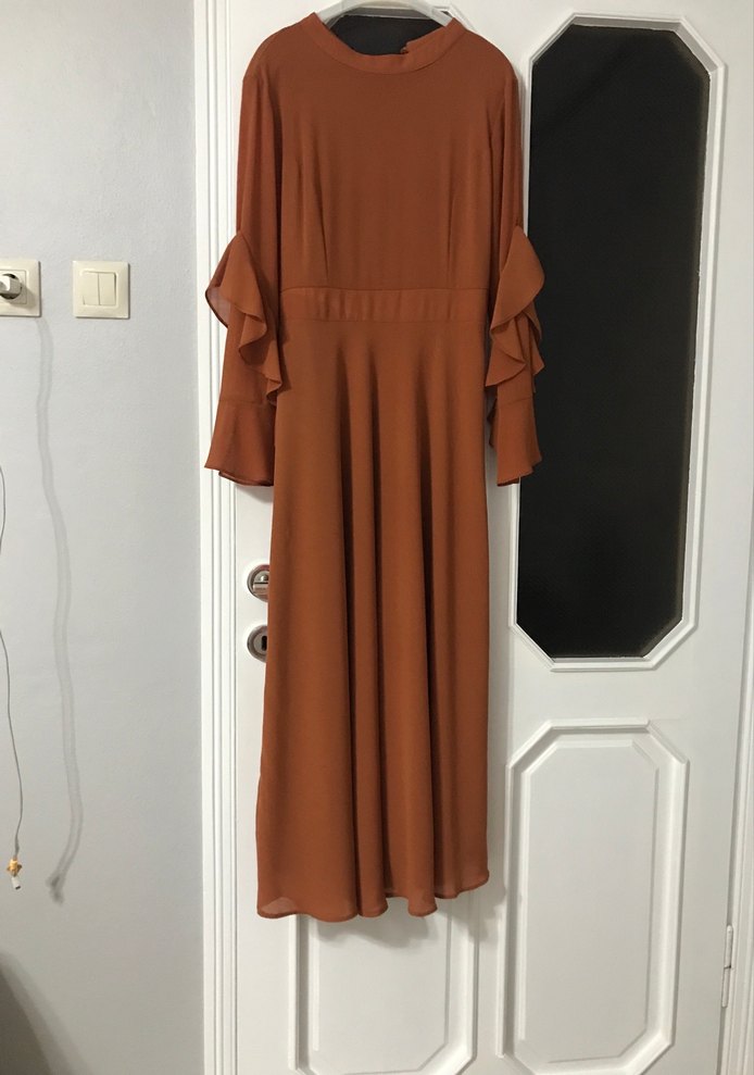 Kahverengi Uzun Kollu Salaş Kadın Elbise - Görsel 3