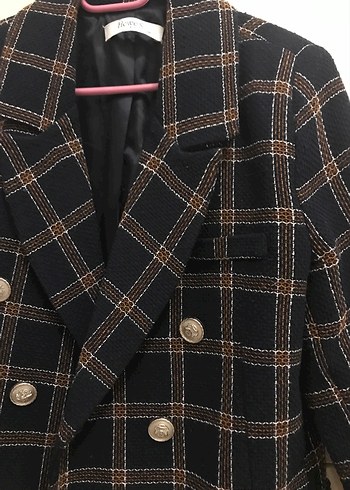 Düğmeli Kahverengi Ekose Kadın Blazer Ceket - Görsel 2