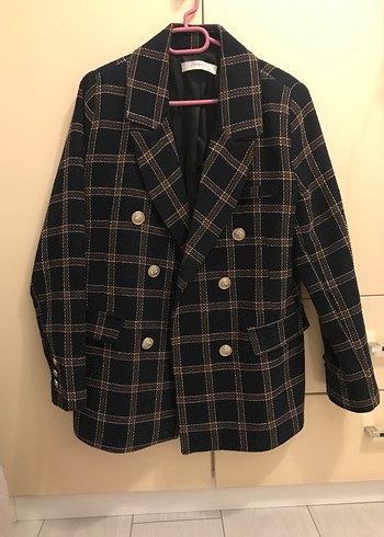 Düğmeli Kahverengi Ekose Kadın Blazer Ceket - Görsel 4