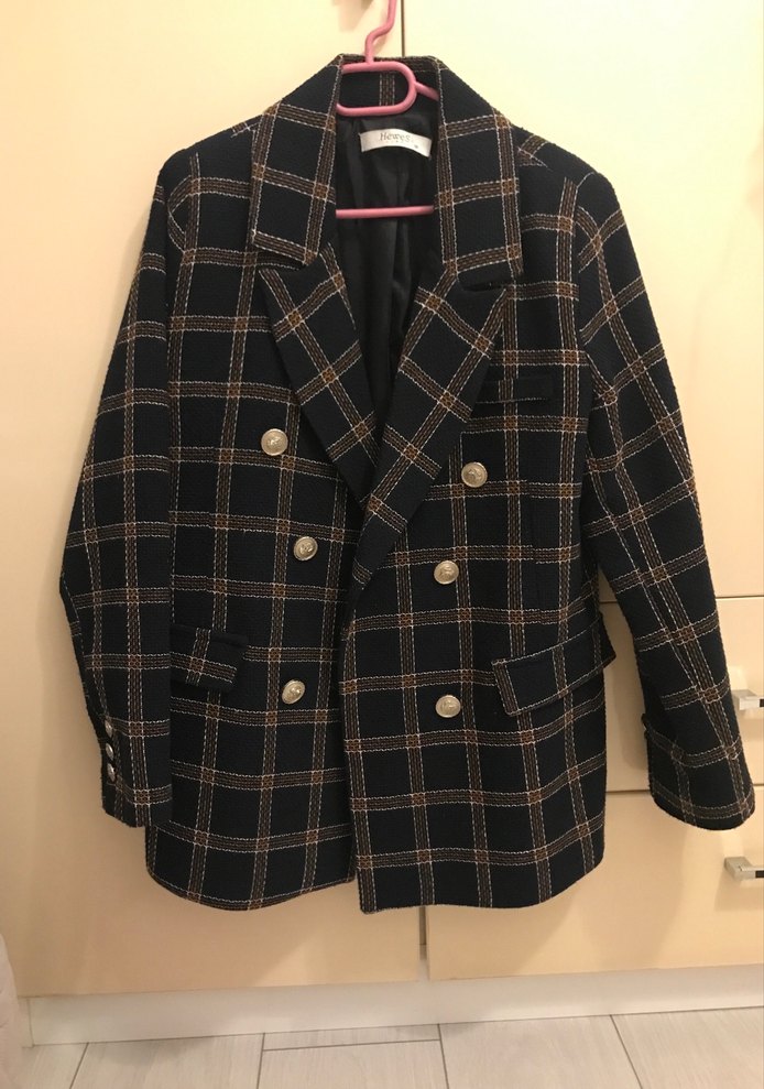 Düğmeli Kahverengi Ekose Kadın Blazer Ceket - Görsel 4