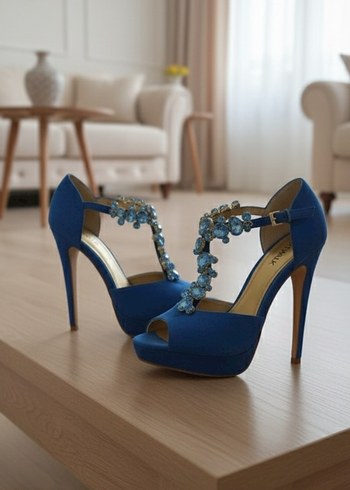 Mavi Payetli Platform Topuklu Kadın Abiye Ayakkabı - Görsel 2