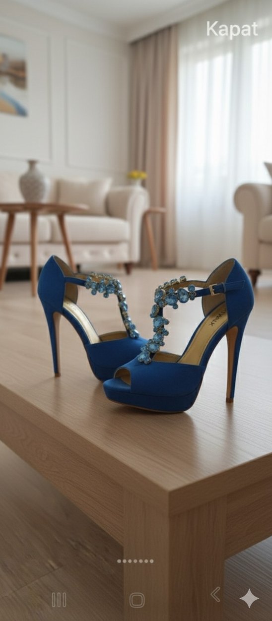 Mavi Payetli Platform Topuklu Kadın Abiye Ayakkabı - Görsel 2