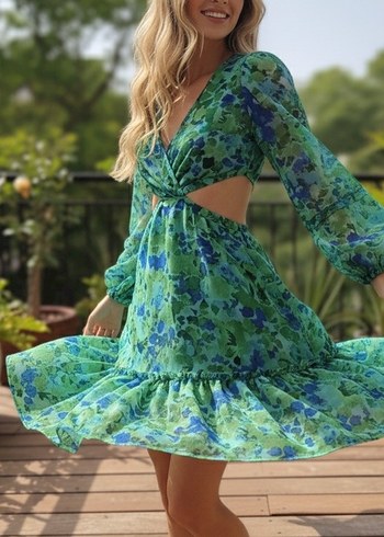 V yaka, uzun kollu, yanlar açık  yeşil  desenli midi elbise - Görsel 2