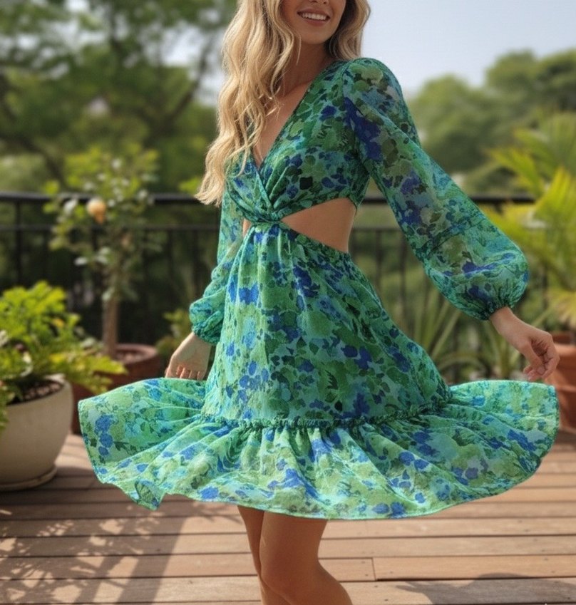 V yaka, uzun kollu, yanlar açık  yeşil  desenli midi elbise - Görsel 2