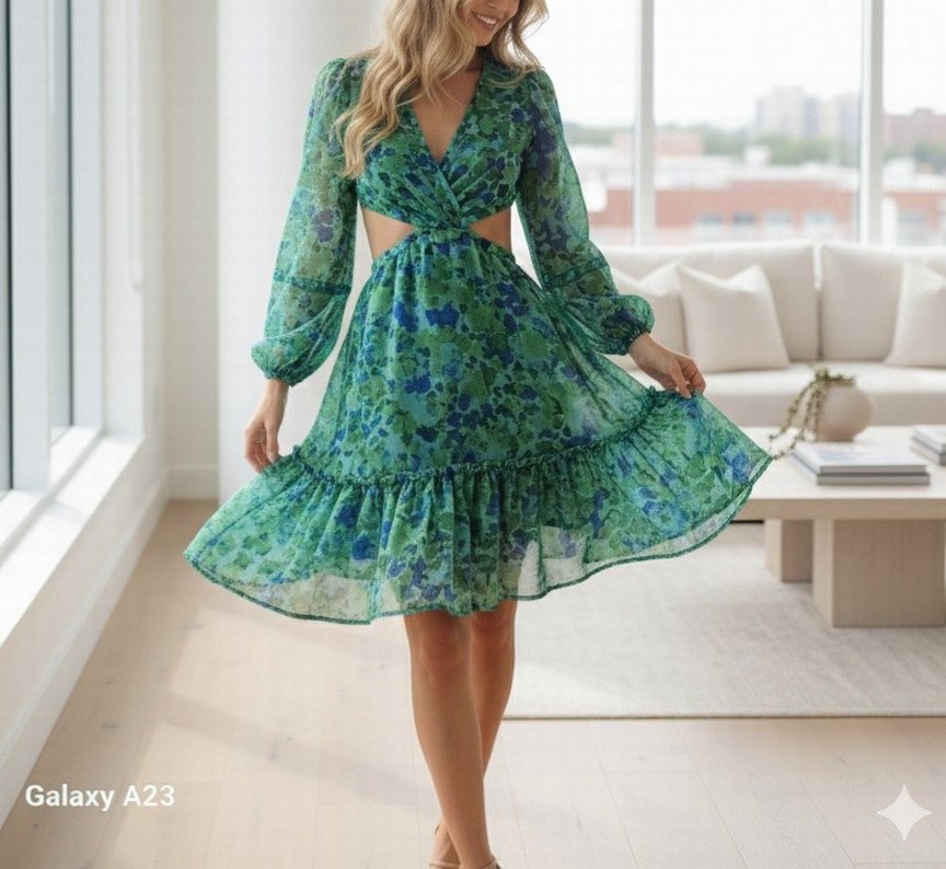 V yaka, uzun kollu, yanlar açık  yeşil  desenli midi elbise - Görsel 4