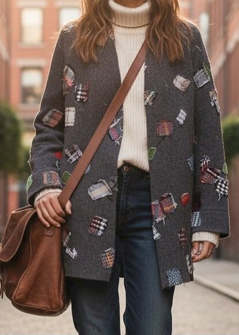 Desenli Gri Midi Kadın Kaban - Görsel 2