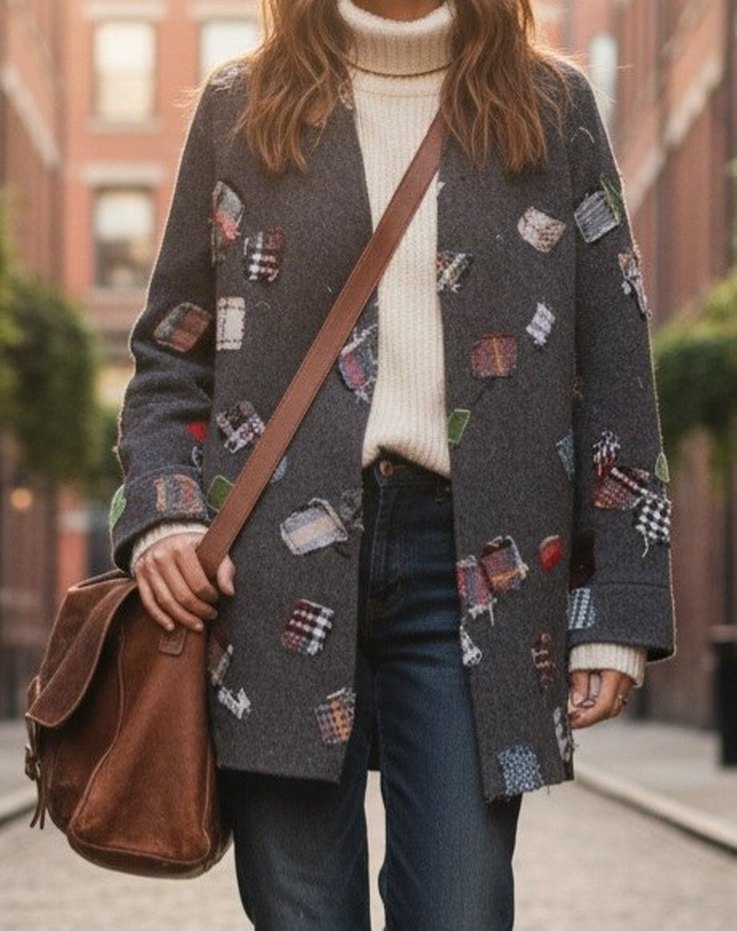 Desenli Gri Midi Kadın Kaban - Görsel 2