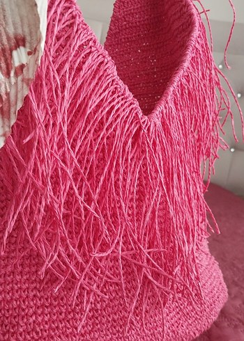 Püsküllü Pembe Örgü Bohem Kadın Çanta - Görsel 3