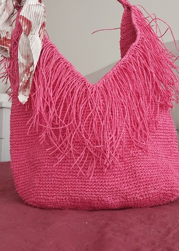 Püsküllü Pembe Örgü Bohem Kadın Çanta - Görsel 2