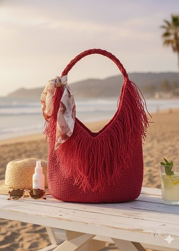 Püsküllü Pembe Örgü Bohem Kadın Çanta - Görsel 4