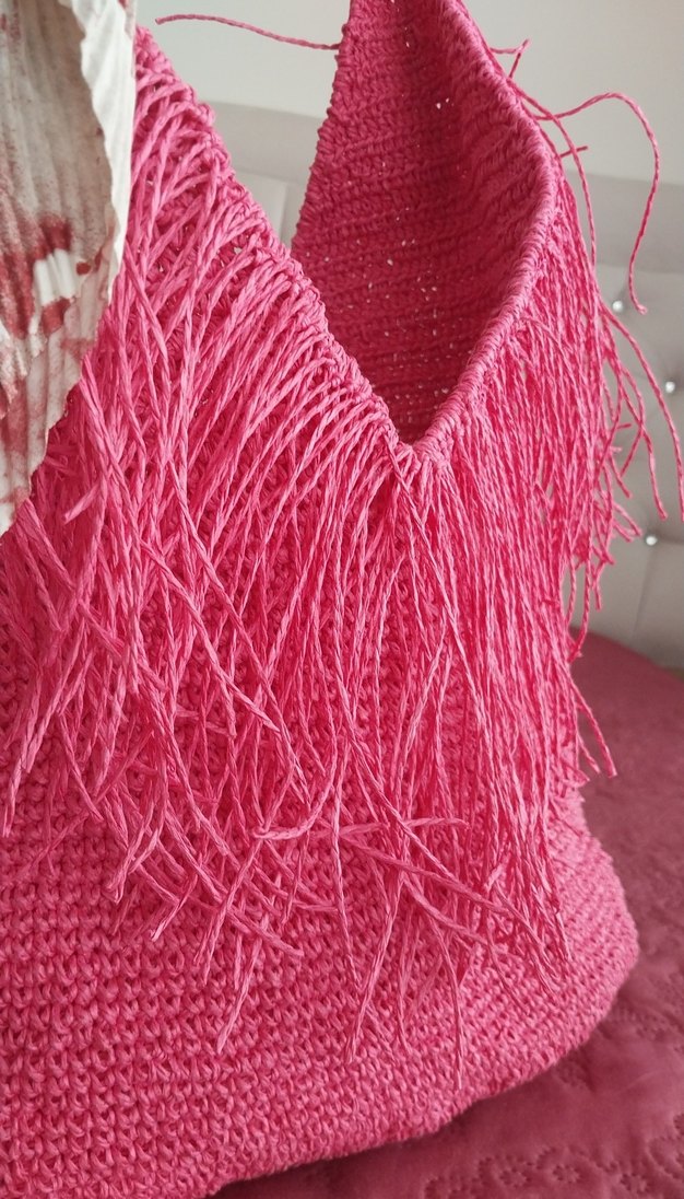 Püsküllü Pembe Örgü Bohem Kadın Çanta - Görsel 3