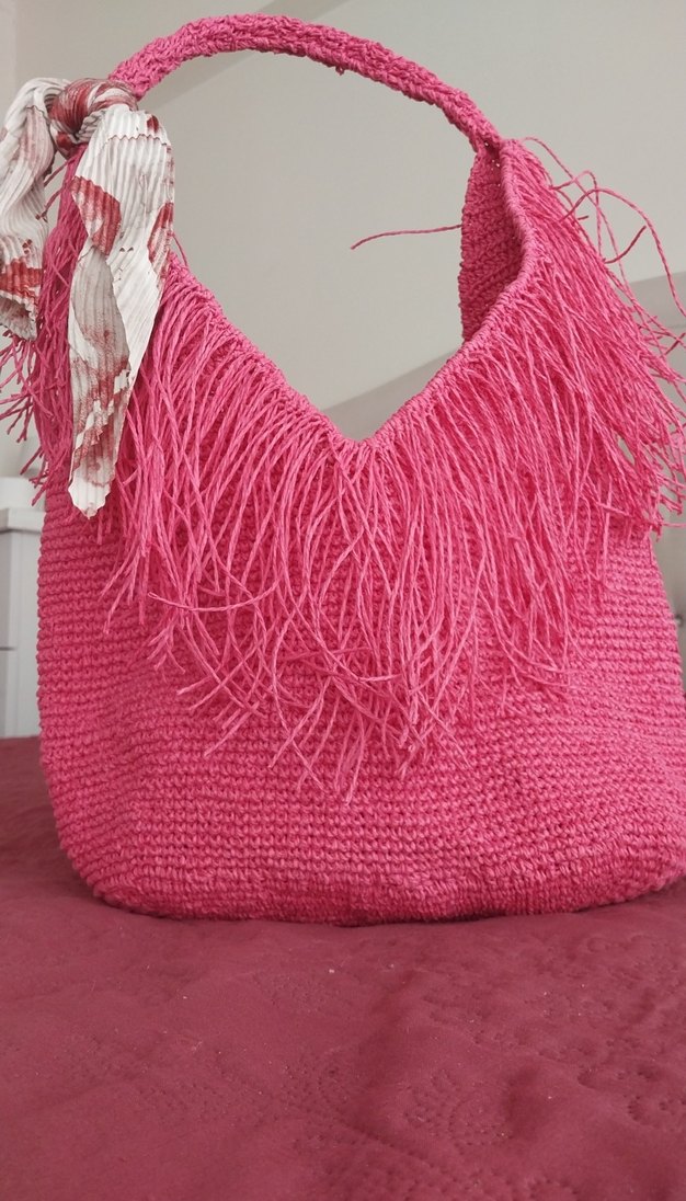 Püsküllü Pembe Örgü Bohem Kadın Çanta - Görsel 2