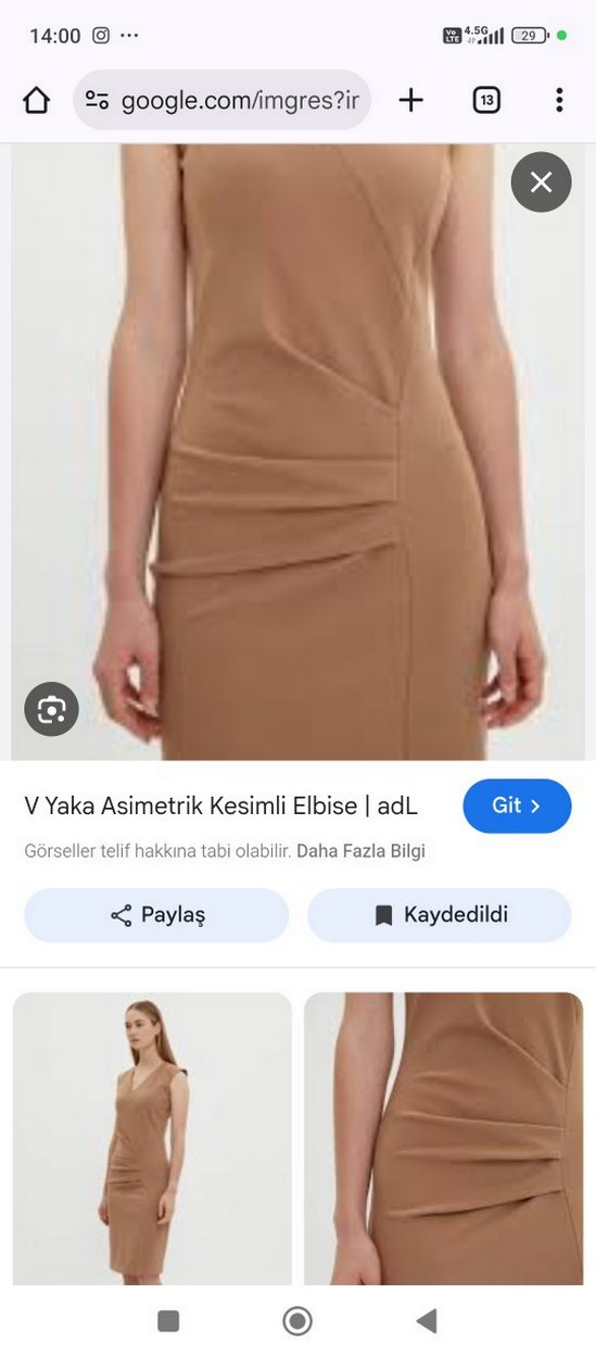 Bej Drapeli Uzun Kollu V Yakalı Elbise - Görsel 5