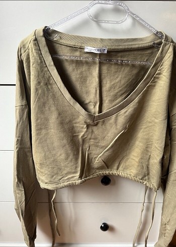 Haki V Yaka Uzun Kollu Salaş Kadın Sweatshirt