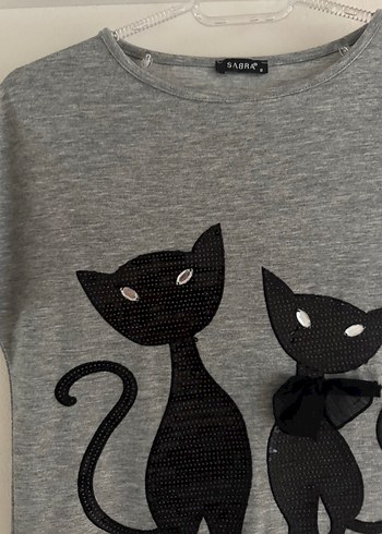 Gri Örgü Kedi Baskılı Sokak Stili Elbise - Görsel 2