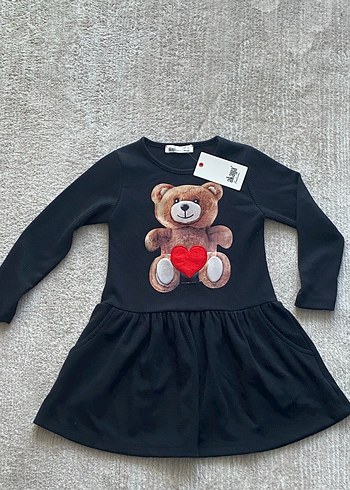 Kız Çocuk Siyah Uzun Kollu Peluş Detaylı Elbise