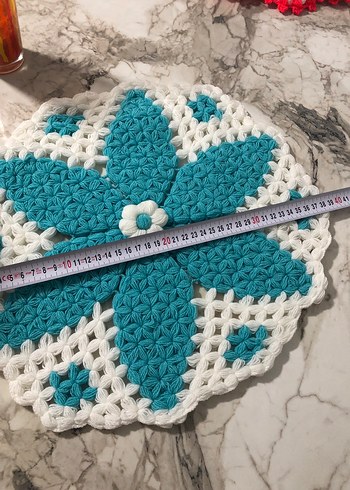 Mavi Beyaz Örgü Çiçek Motifli lif - Görsel 2