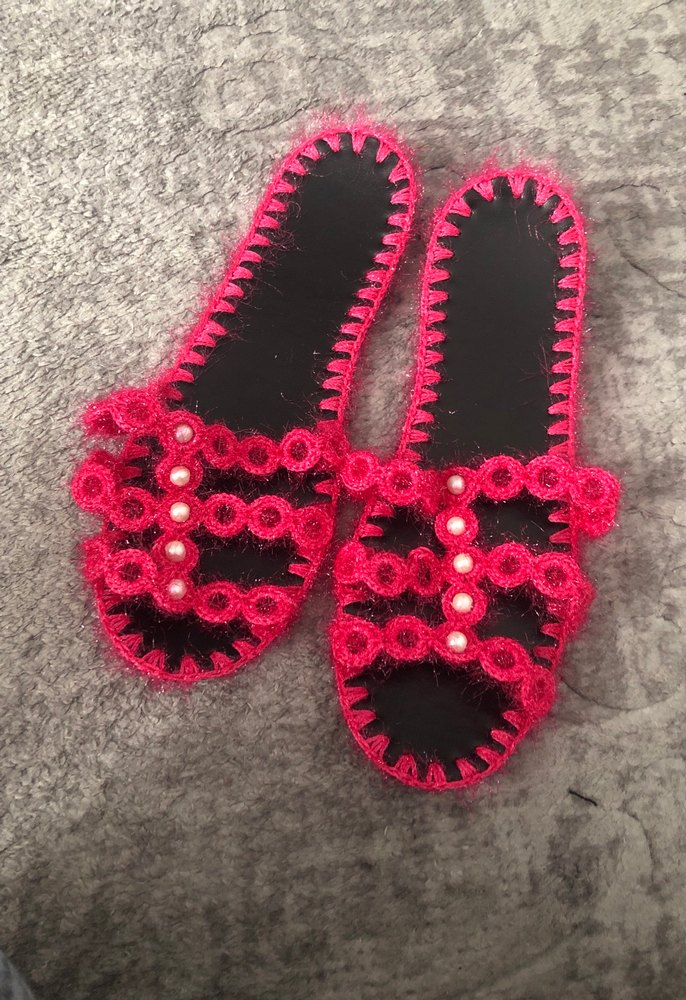 Dantel Detaylı Pembe Örgü Kadın Terlik - Görsel 2