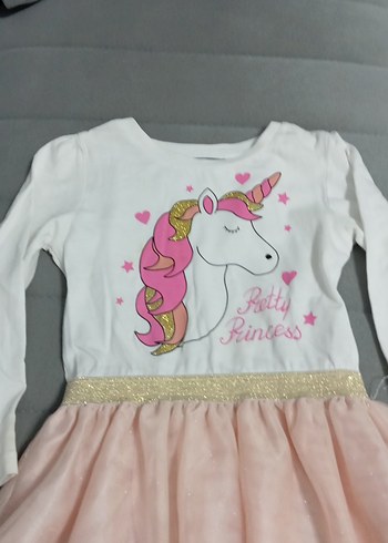 Uzun Kollu Unicorn Baskılı Kız Elbise - Görsel 3