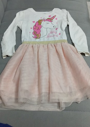 Uzun Kollu Unicorn Baskılı Kız Elbise - Görsel 2
