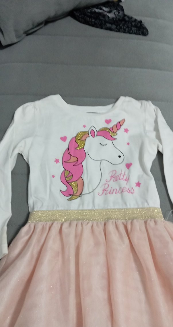 Uzun Kollu Unicorn Baskılı Kız Elbise - Görsel 3