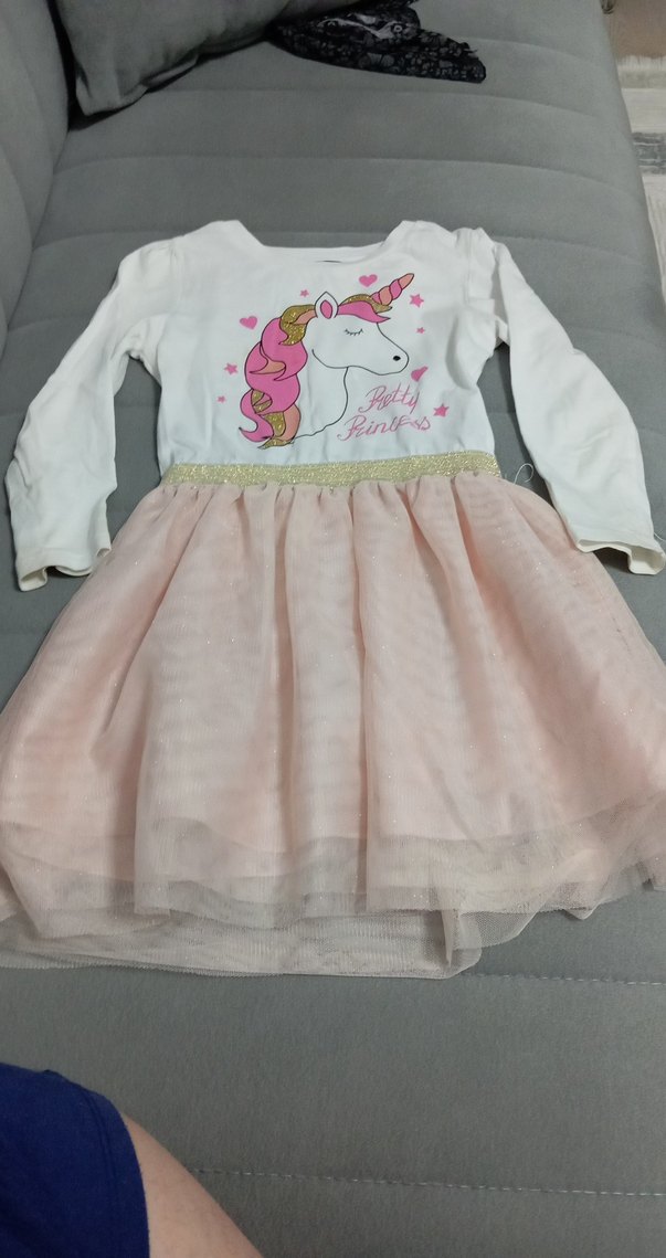 Uzun Kollu Unicorn Baskılı Kız Elbise - Görsel 2